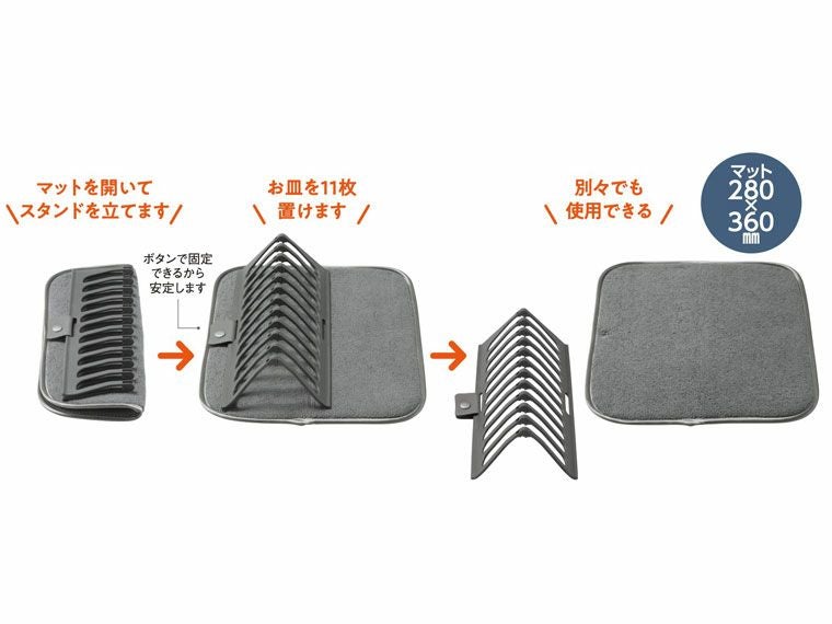 食器を立てられるホルダー付きと吸水マットの仕様解説