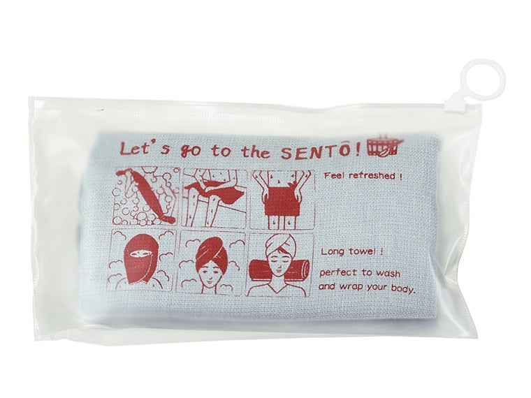 銭湯タオル　ライトグレーはジッパーケース入りです。