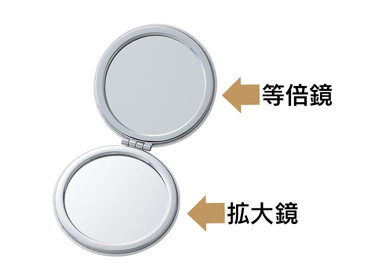 全面印刷できる合皮コンパクトミラー　ラウンド（両面対応）は等倍鏡と拡大鏡があります。
