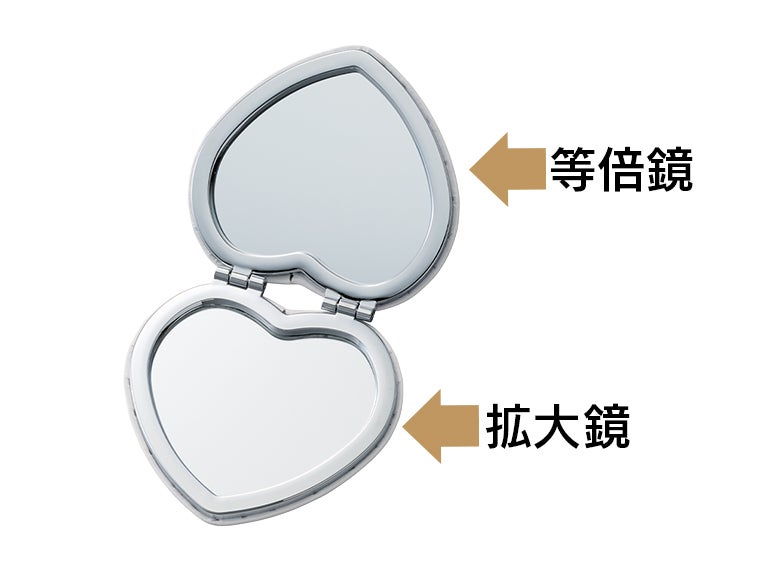全面印刷できる合皮コンパクトミラー　ハートには拡大鏡と等倍鏡があります。