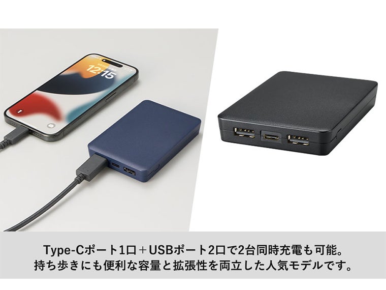全面印刷できるモバイルチャージャー5000　スクエアにはtype-Cポート×1口とUSBポート×2口あります。