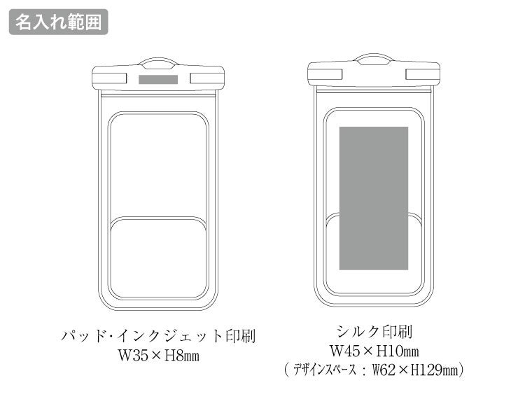水に浮くモバイルウォータープルーフポーチの名入れ範囲