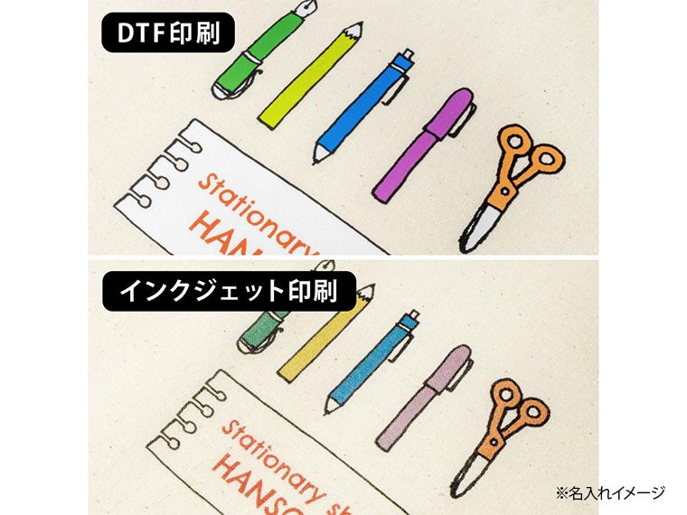 リサイクルコットン巾着SにDTF印刷とインクジェット印刷で名入れ印刷すると鮮明さが違います。