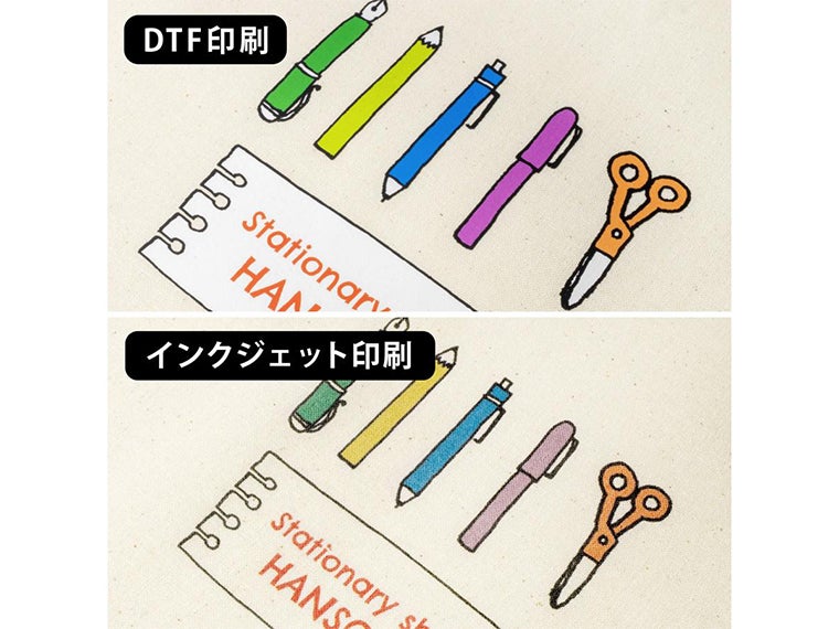 リサイクルコットン巾着LにDTF印刷とインクジェット印刷で名入れ印刷すると鮮明さが違います。