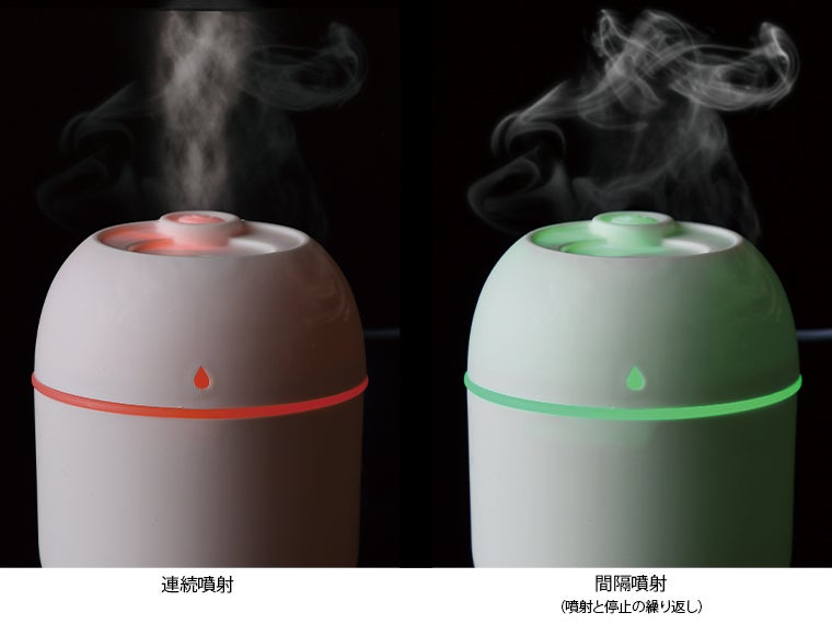 卓上パーソナルUSB加湿器には連続噴射と間隔噴射で使えます。