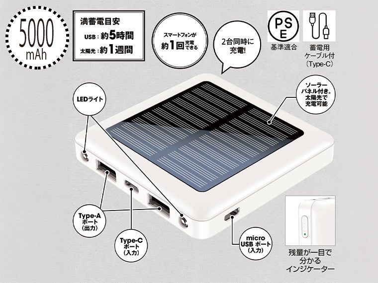 ソーラーパネル付きモバイルバッテリー5000