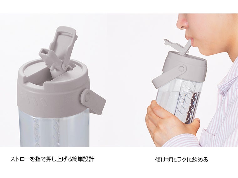 ハンドル付きクリアストローボトルのストローは指で押し上げる簡単設計です。