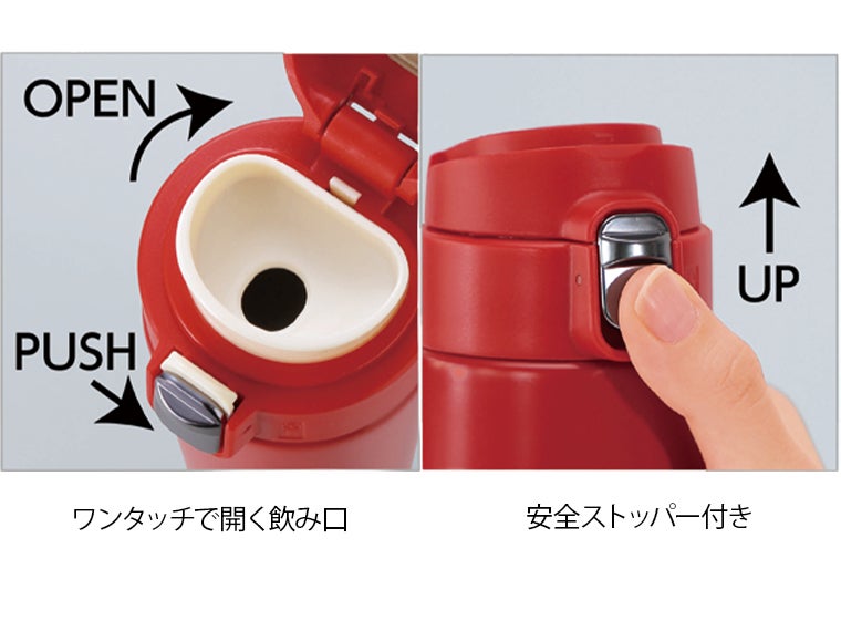 セルトナ・ワンプッシュ開閉式真空ステンレスボトルの飲み口にはストッパー付きなので安心です。