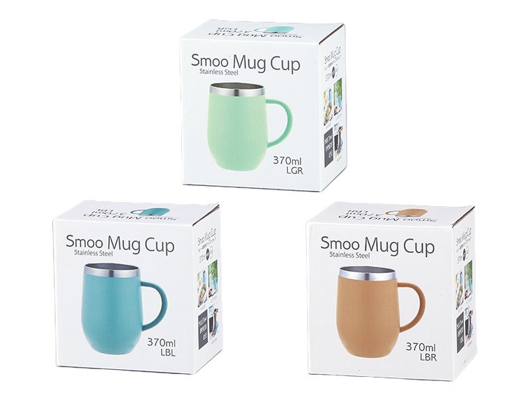 Smoo・真空二重構造ステンレスマグカップの本体カラーはライトグリーン、ライトブルー、ライトブラウンの3色展開です。