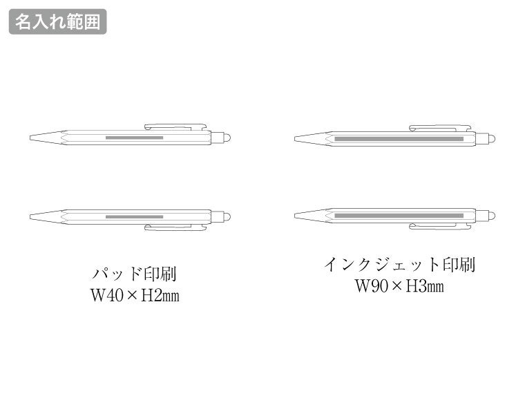 タッチペン付メタル六角ボールペン（再生アルミ）の名入れ範囲
