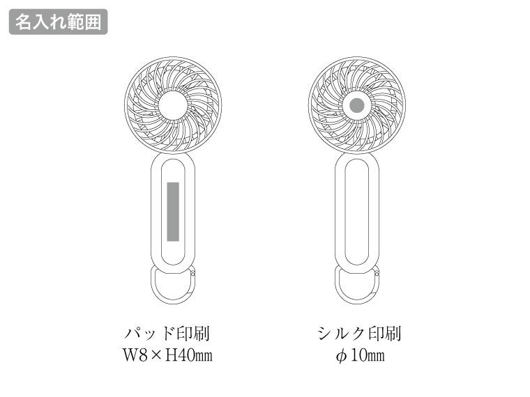 カラビナ付コンパクトハンディファン（準固体使用）の名入れ範囲