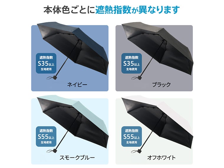 形状記憶遮熱遮光折りたたみ傘は本体色毎に遮熱指数が異なります。