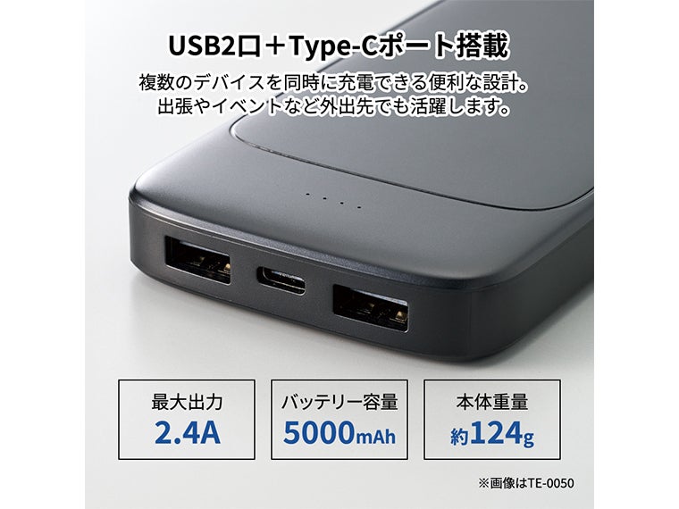 モバイルチャージャー５０００（準固体使用）にはUSBポート2口とtype-Cポート1口があります。