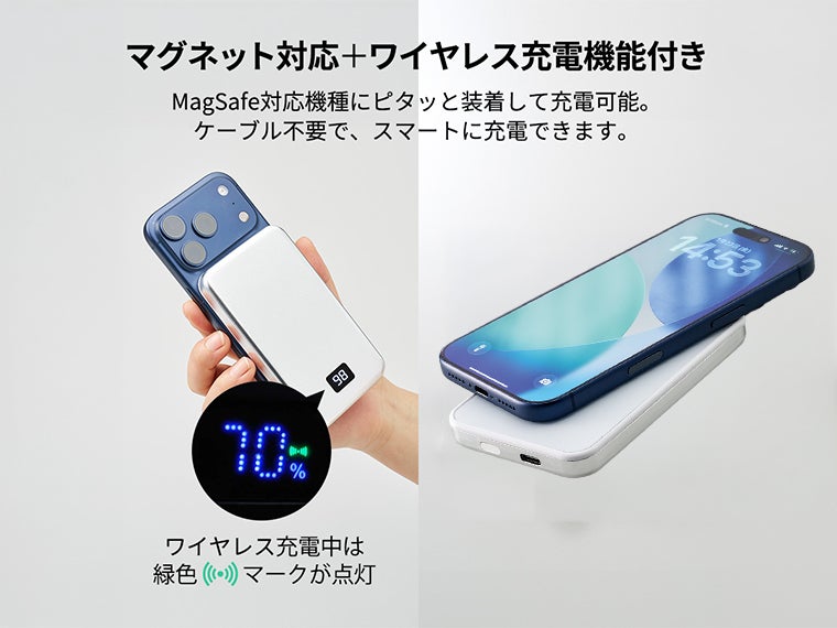 マグネット対応モバイルチャージャー５０００（準固体使用）はMagSafeに対応していなスマホでは置くだけで充電できます。