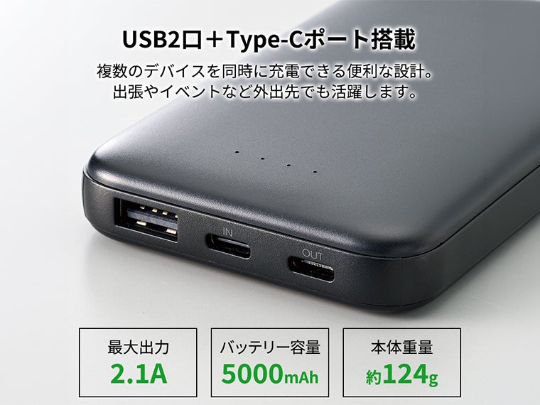 モバイルチャージャー５０００（リン酸鉄使用）はUSBポートが2口、type-Cポートが1口あります。
