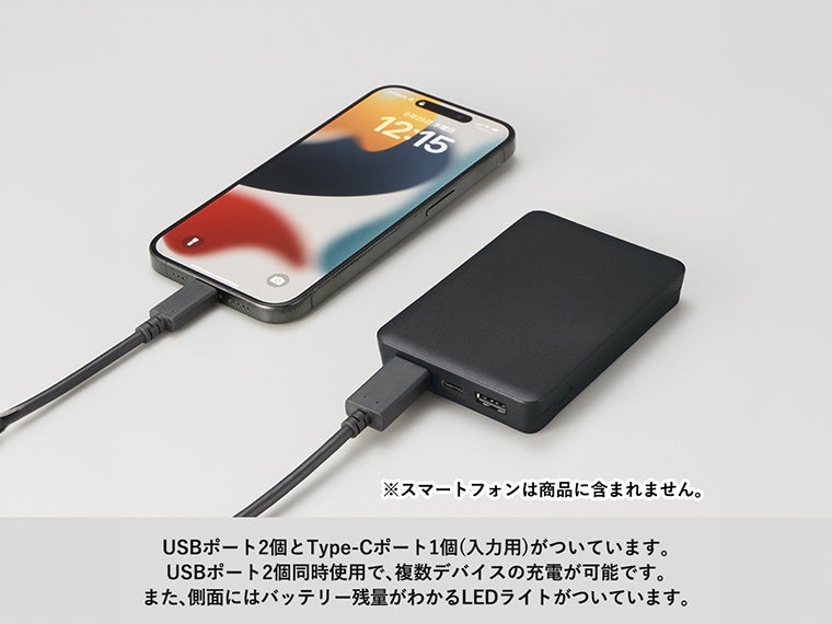 全面印刷できるモバイルチャージャー５０００（リン酸鉄使用）はUSBポートが2口、type-Cポートが1口あります。