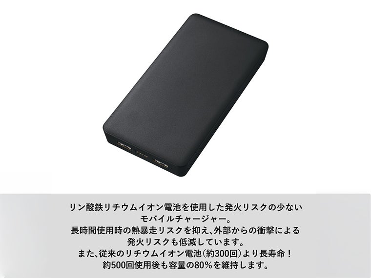 全面印刷できるモバイルチャージャー１００００（リン酸鉄使用）は外部衝撃による発火リスクが少ないく安全性に作られております。