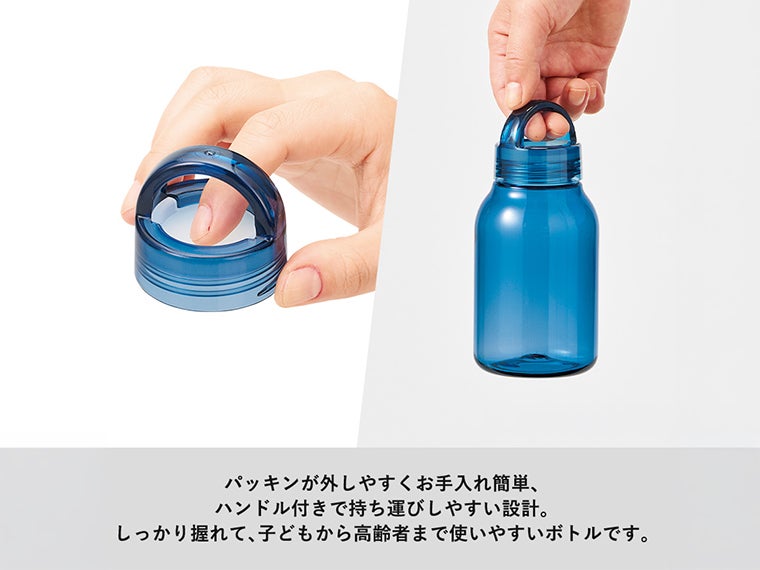 Ｈａｎｄｉｔクリアボトル３５０ｍｌのフタのパッキンは取り外して洗えます。ハンドル付きなので持ち歩きしやすいです。