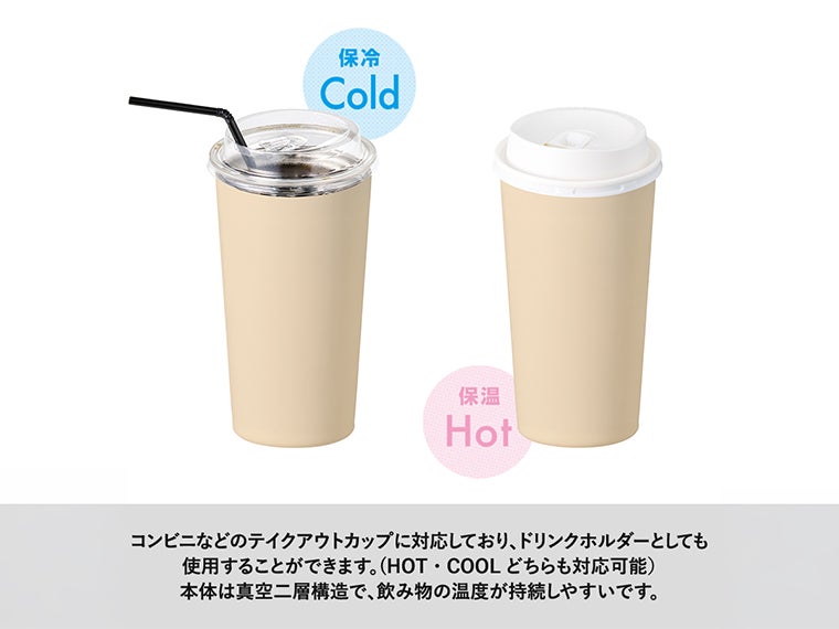 ハンドルサーモステンレスタンブラー４６０ｍｌはコンビニコーヒーをカップごと入れられるサイズ感です。