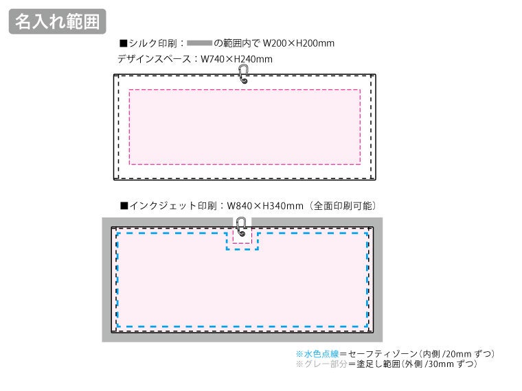 プリントしやすいコットンシャーリングカラビナ付フェイスタオル　ホワイトの名入れ範囲