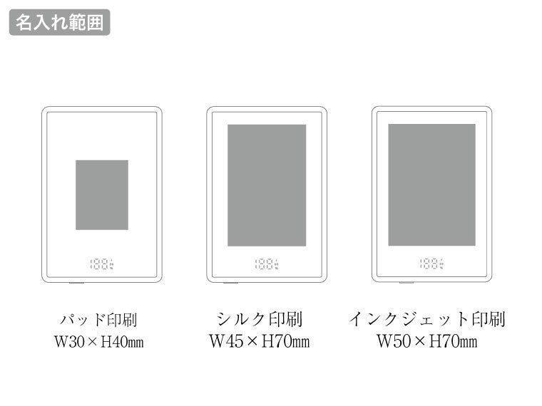マグネットワイヤレス充電対応バッテリー5,000mAhの名入れ範囲。